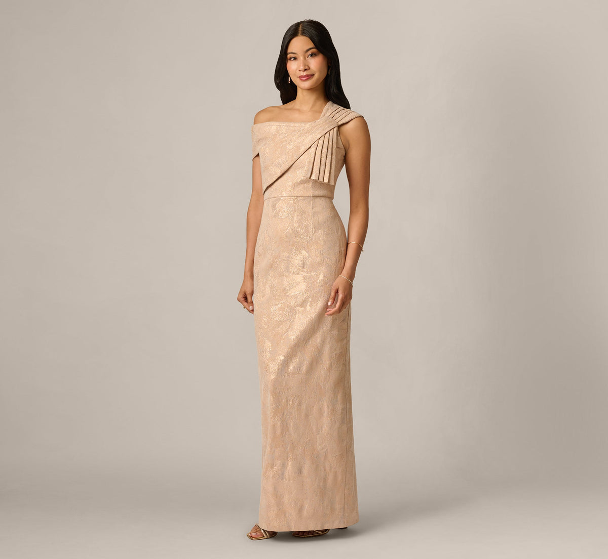 Origami Bow Shoulder Jacquard Column Gown - Champagne Multi | Adrianna Papell