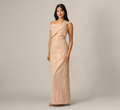 Origami Bow Shoulder Jacquard Column Gown - Champagne Multi | Adrianna Papell
