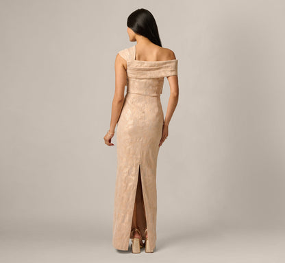 Origami Bow Shoulder Jacquard Column Gown - Champagne Multi | Adrianna Papell