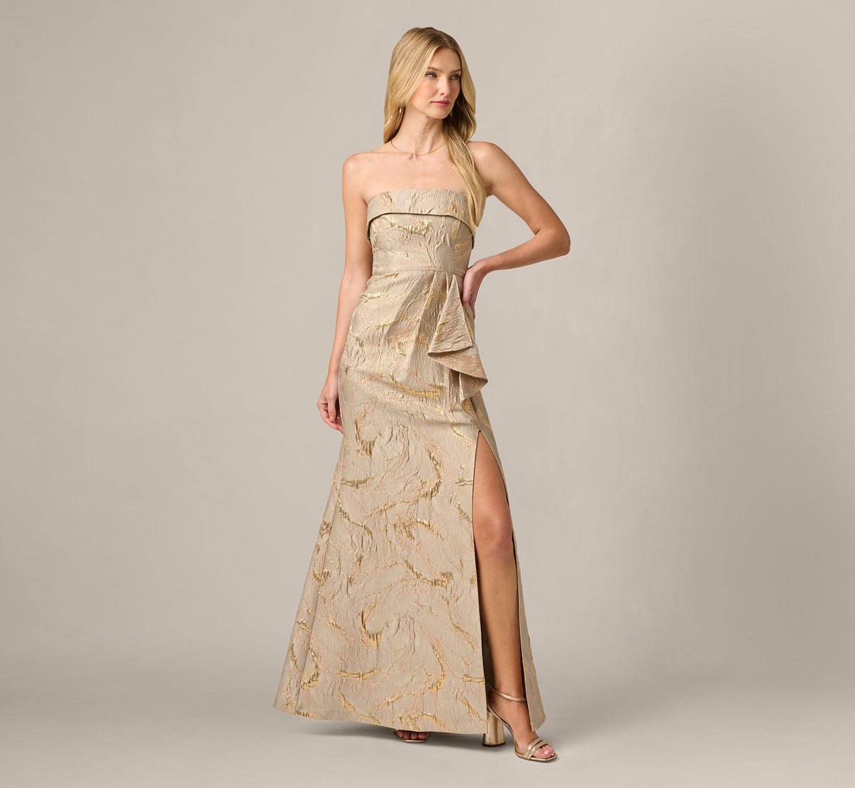 Strapless Metallic Jacquard Draped Gown - Mink | Adrianna Papell