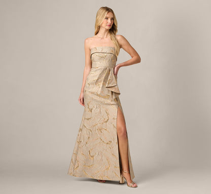 Strapless Metallic Jacquard Draped Gown - Mink | Adrianna Papell