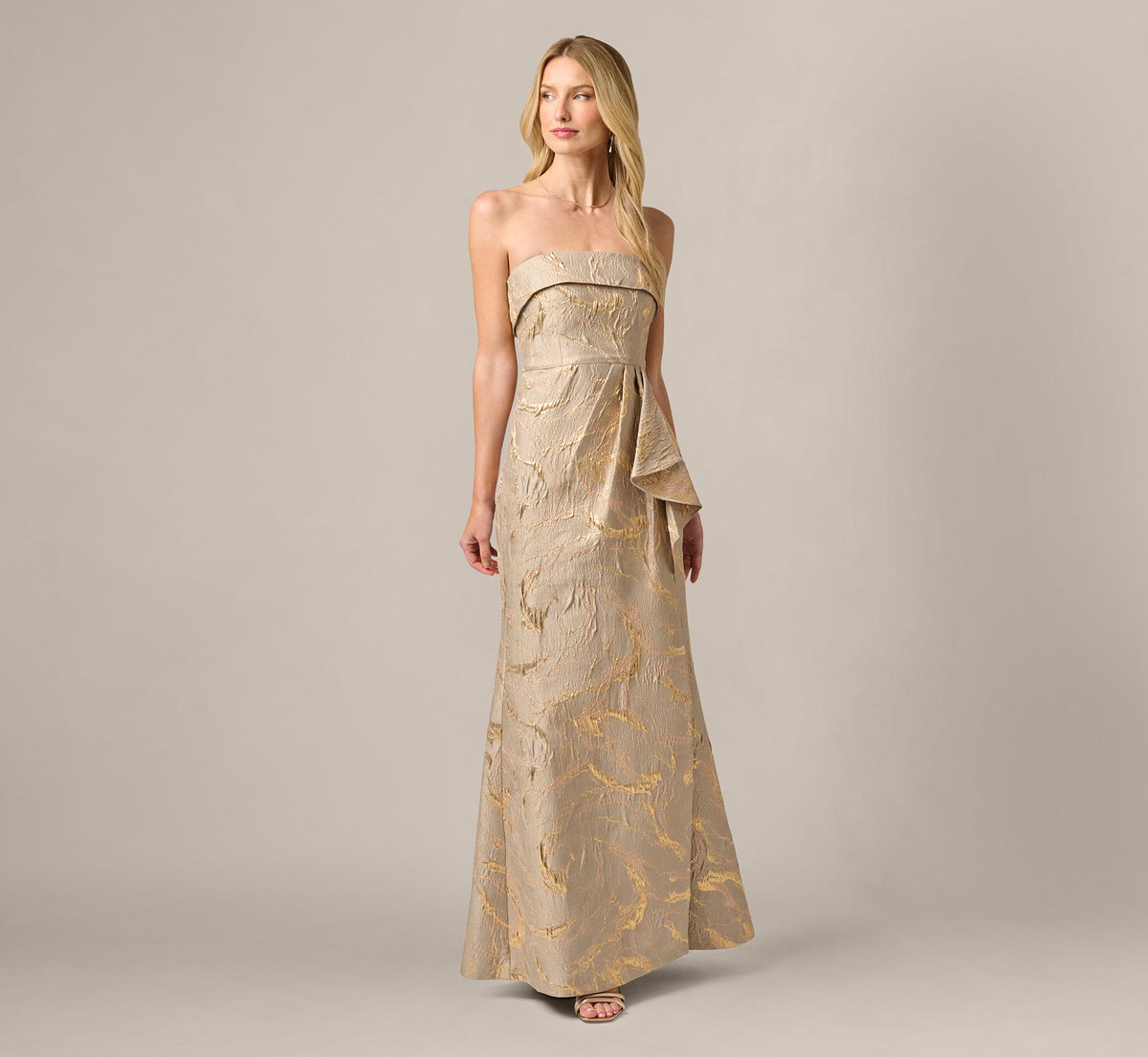 Strapless Metallic Jacquard Draped Gown - Mink | Adrianna Papell