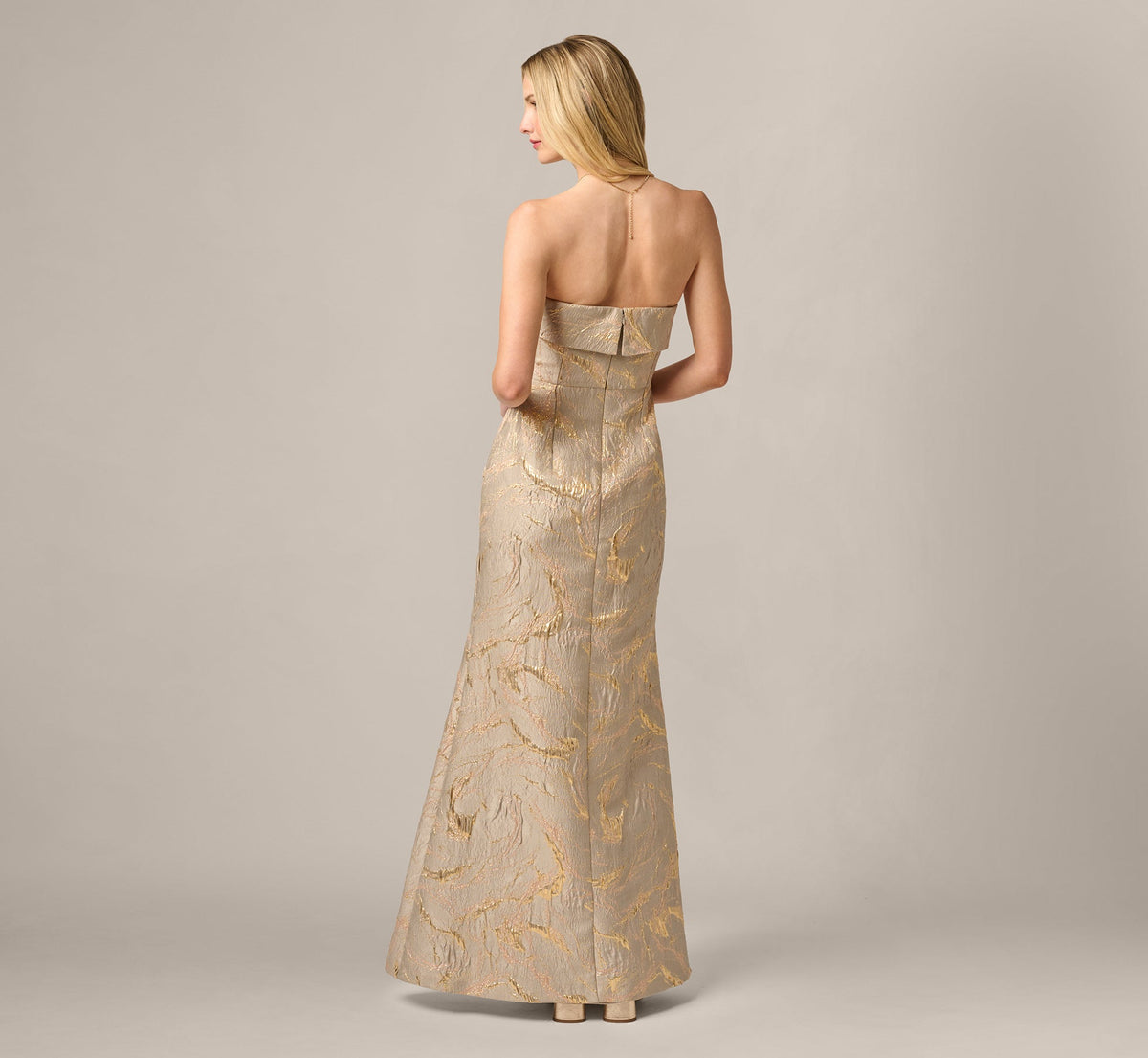 Strapless Metallic Jacquard Draped Gown - Mink | Adrianna Papell