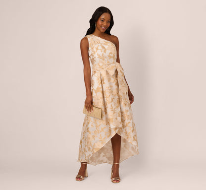 One Shoulder Organza Jacquard High Low Gown - Champagne Ivory | Adrianna Papell