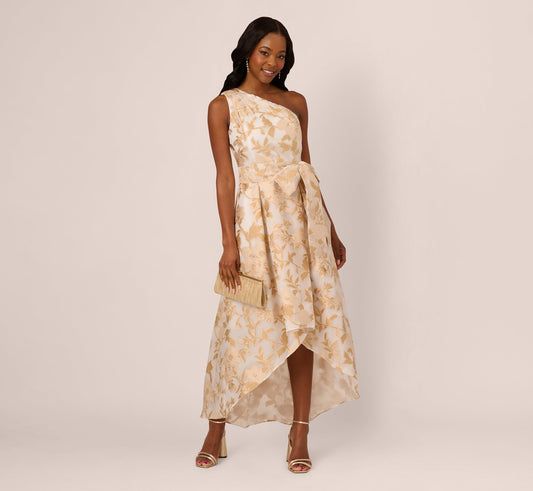 One Shoulder Organza Jacquard High Low Gown - Champagne Ivory | Adrianna Papell