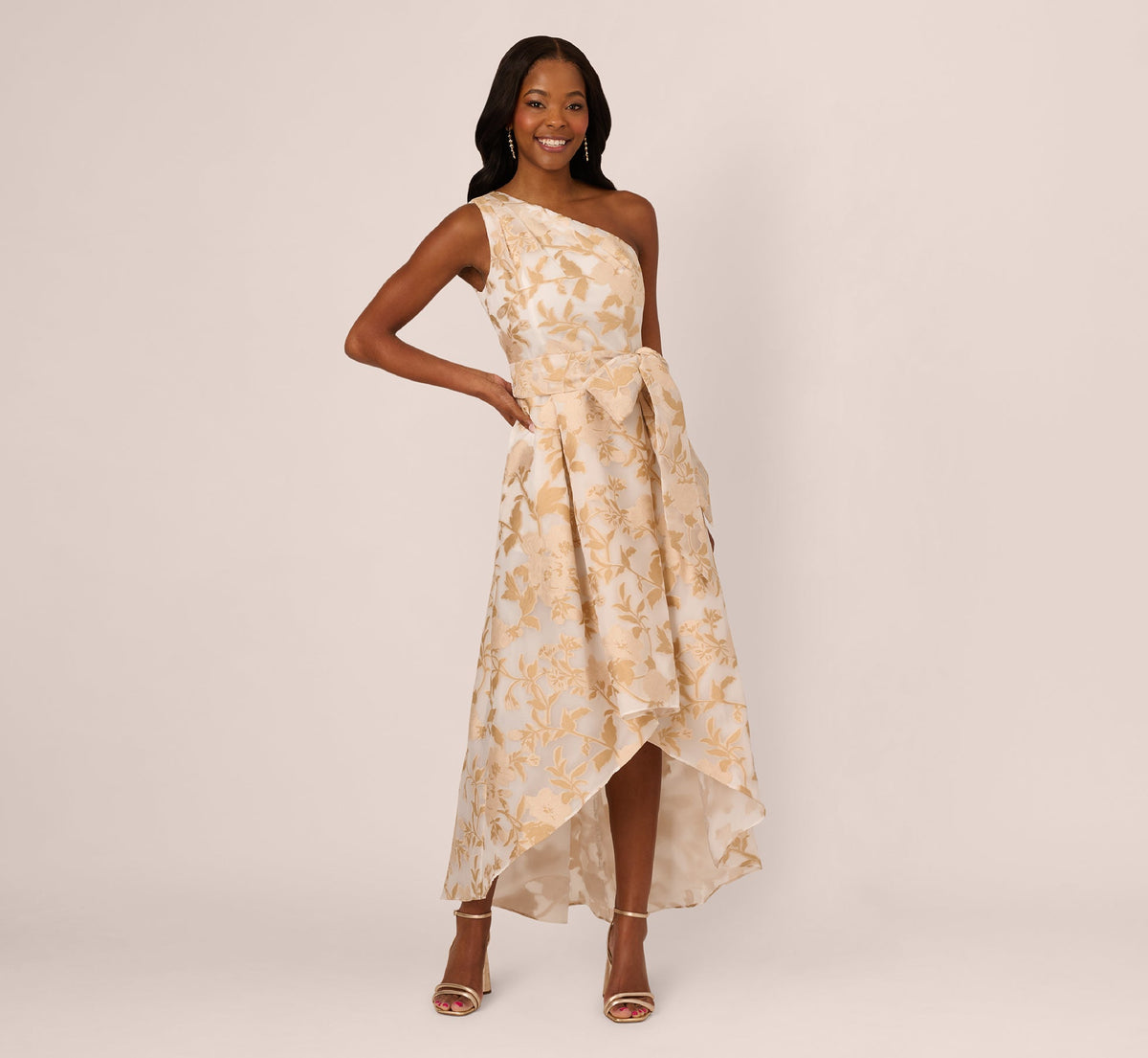 One Shoulder Organza Jacquard High Low Gown - Champagne Ivory | Adrianna Papell