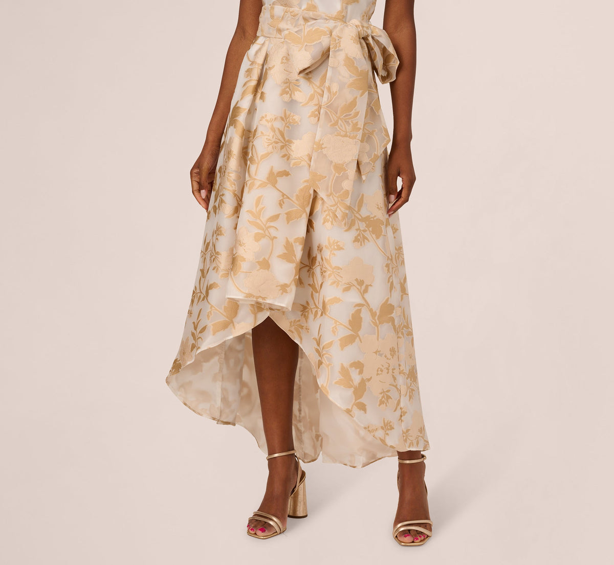 One Shoulder Organza Jacquard High Low Gown - Champagne Ivory | Adrianna Papell