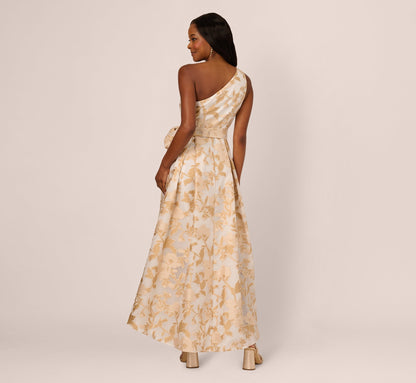 One Shoulder Organza Jacquard High Low Gown - Champagne Ivory | Adrianna Papell
