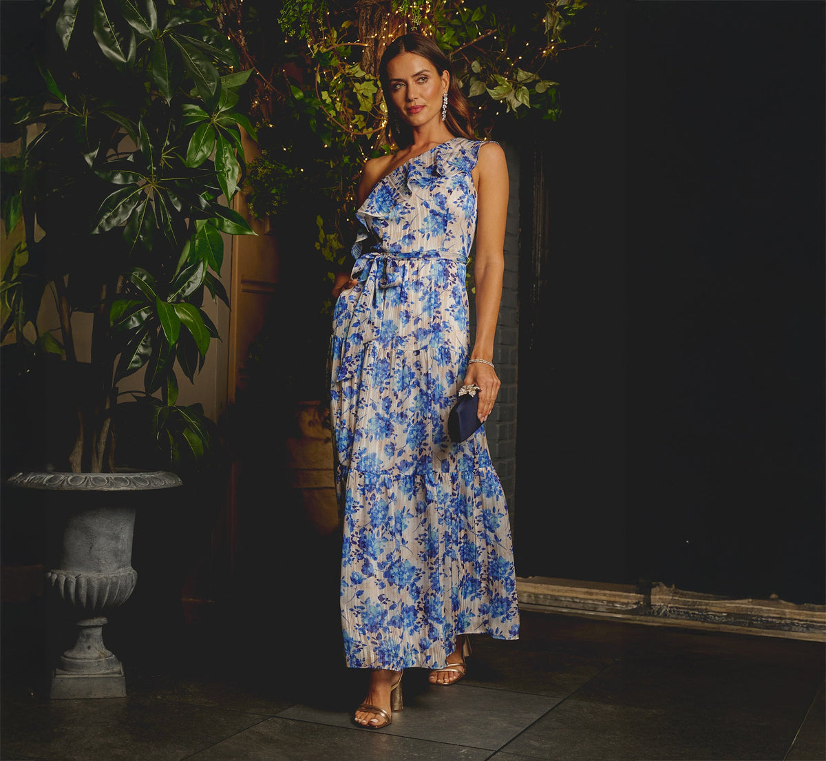 One Shoulder Metallic Stripe Floral Maxi Dress - Champagne Blue Multi | Adrianna Papell