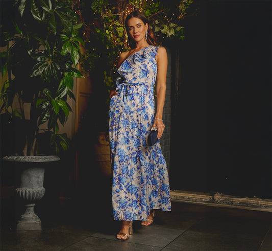 One Shoulder Metallic Stripe Floral Maxi Dress - Champagne Blue Multi | Adrianna Papell