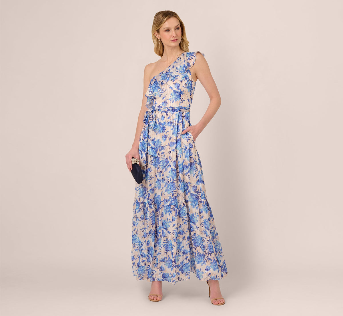 One Shoulder Metallic Stripe Floral Maxi Dress - Champagne Blue Multi | Adrianna Papell