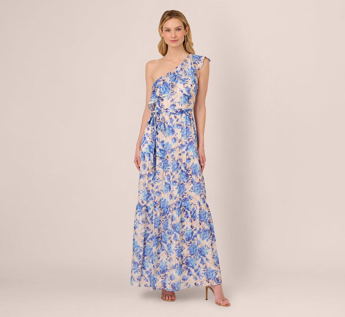 One Shoulder Metallic Stripe Floral Maxi Dress - Champagne Blue Multi | Adrianna Papell