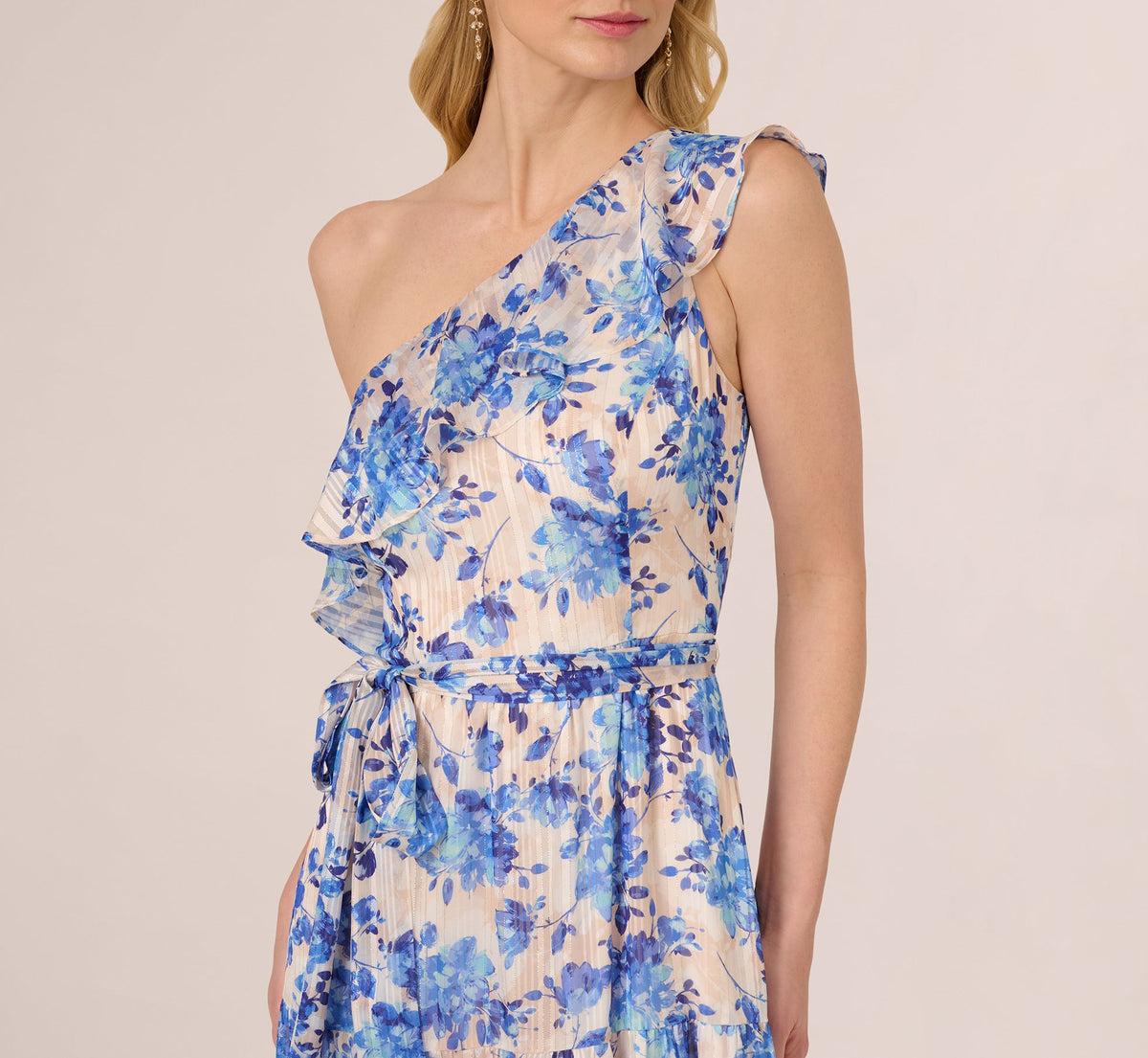 One Shoulder Metallic Stripe Floral Maxi Dress - Champagne Blue Multi | Adrianna Papell