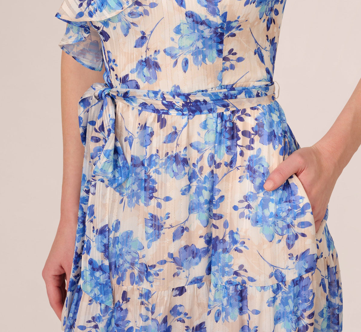 One Shoulder Metallic Stripe Floral Maxi Dress - Champagne Blue Multi | Adrianna Papell
