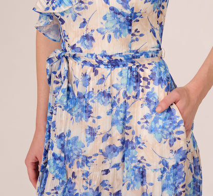 One Shoulder Metallic Stripe Floral Maxi Dress - Champagne Blue Multi | Adrianna Papell