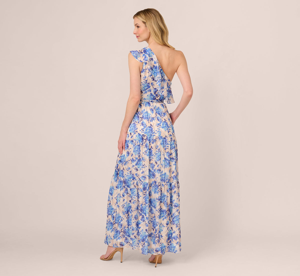 One Shoulder Metallic Stripe Floral Maxi Dress - Champagne Blue Multi | Adrianna Papell