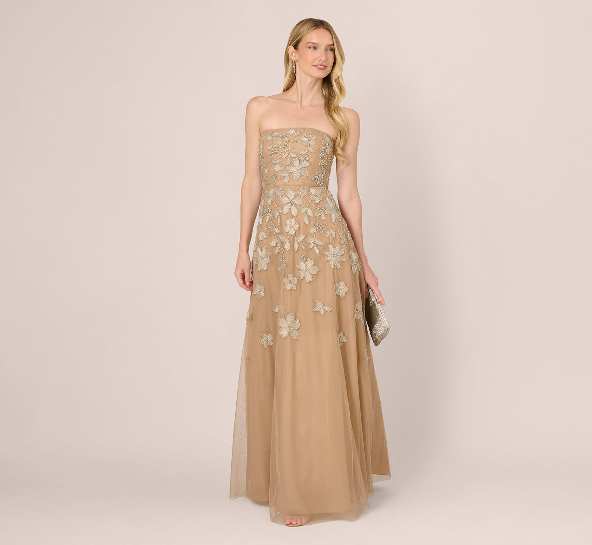 Strapless Floral Beaded Embroidery Gown - Taupe Pink | Adrianna Papell