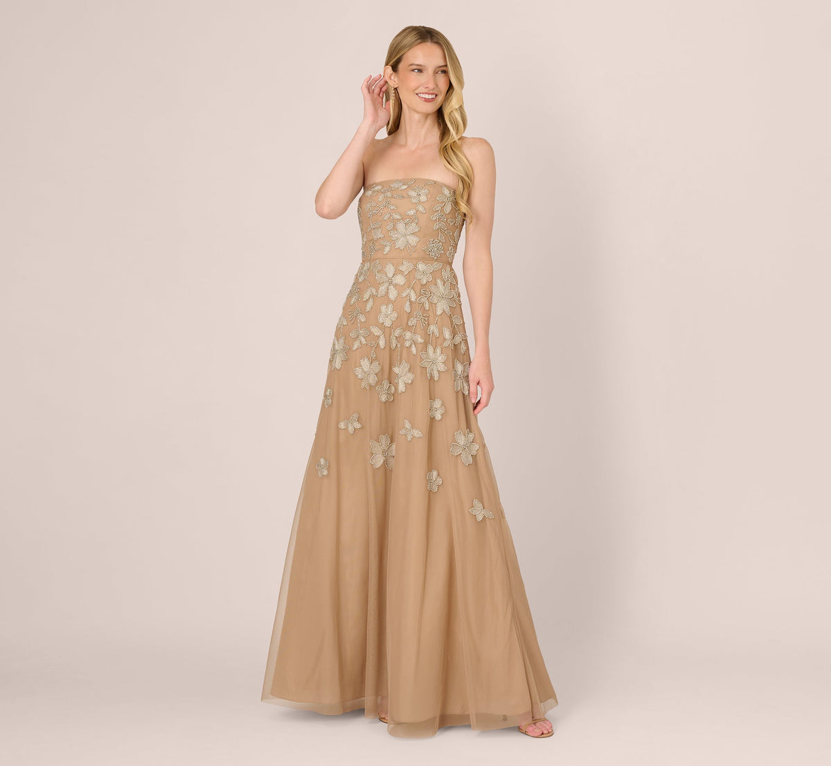 Strapless Floral Beaded Embroidery Gown - Taupe Pink | Adrianna Papell