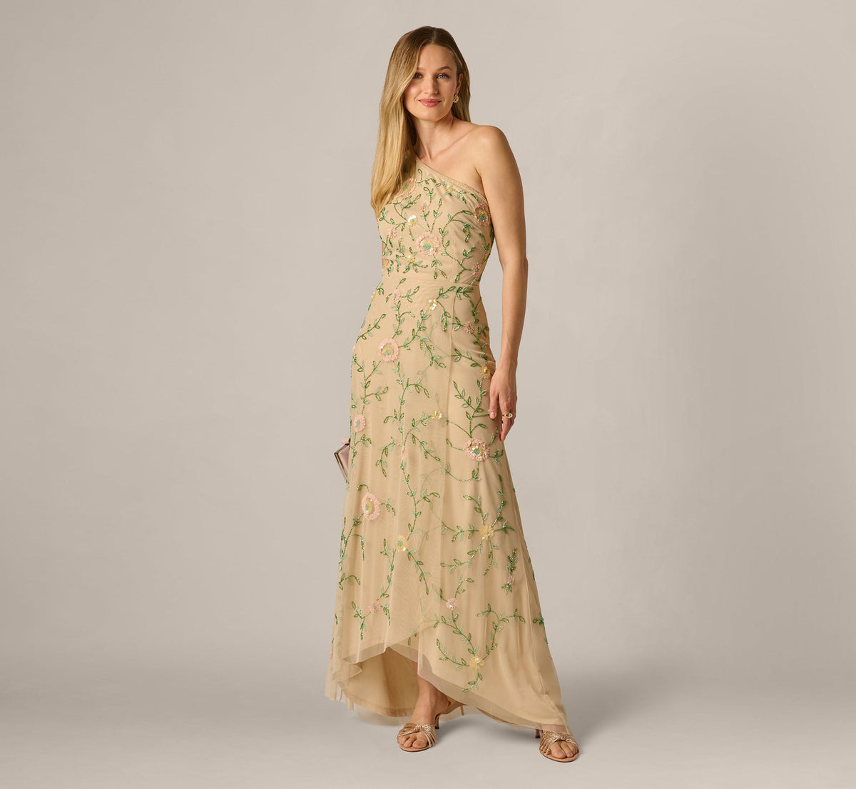 One Shoulder Floral Vine Beaded High Low Gown - Light Champagne | Adrianna Papell