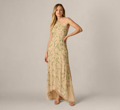 One Shoulder Floral Vine Beaded High Low Gown - Light Champagne | Adrianna Papell
