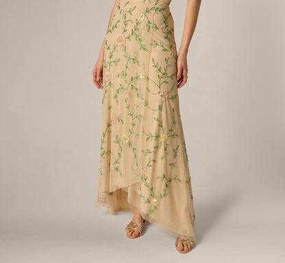 One Shoulder Floral Vine Beaded High Low Gown - Light Champagne | Adrianna Papell