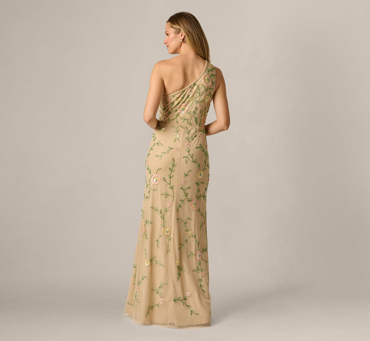 One Shoulder Floral Vine Beaded High Low Gown - Light Champagne | Adrianna Papell