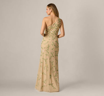 One Shoulder Floral Vine Beaded High Low Gown - Light Champagne | Adrianna Papell