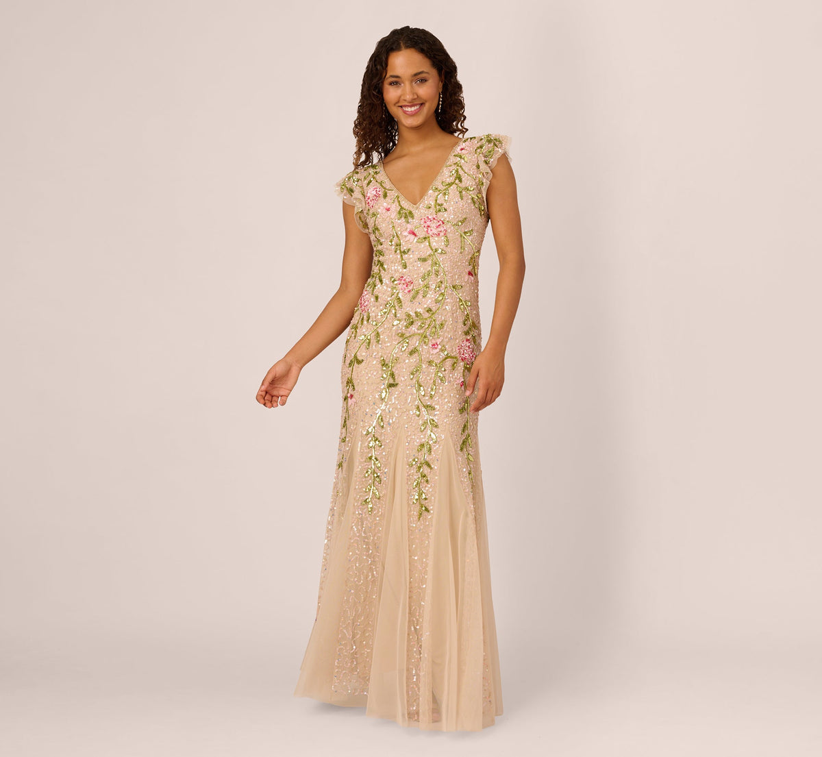 Floral Beaded Mermaid Gown With Flutter Cap Sleeves - Light Champagne | Adrianna Papell