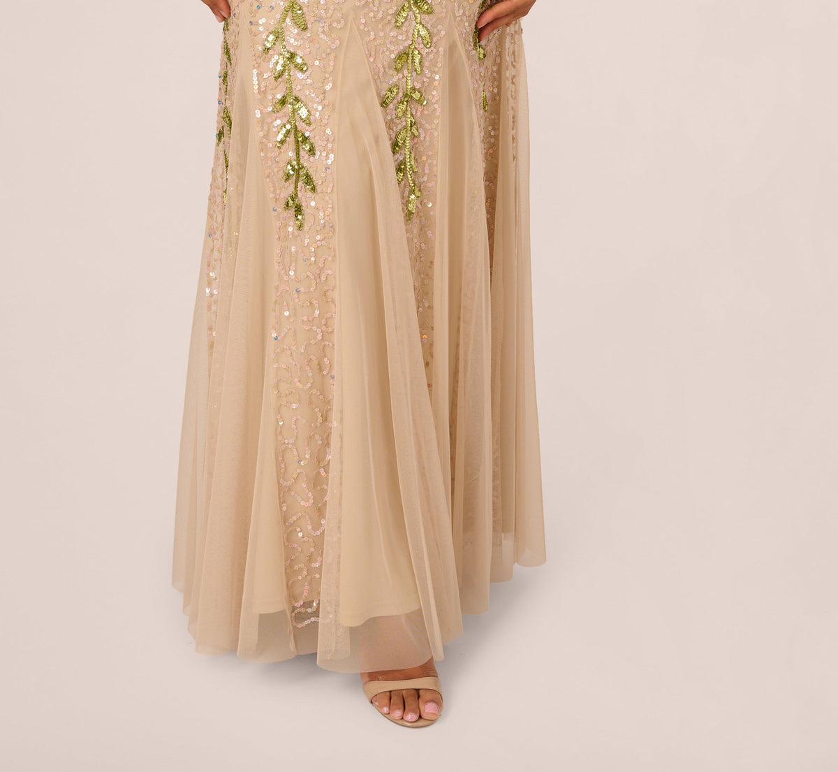 Floral Beaded Mermaid Gown With Flutter Cap Sleeves - Light Champagne | Adrianna Papell