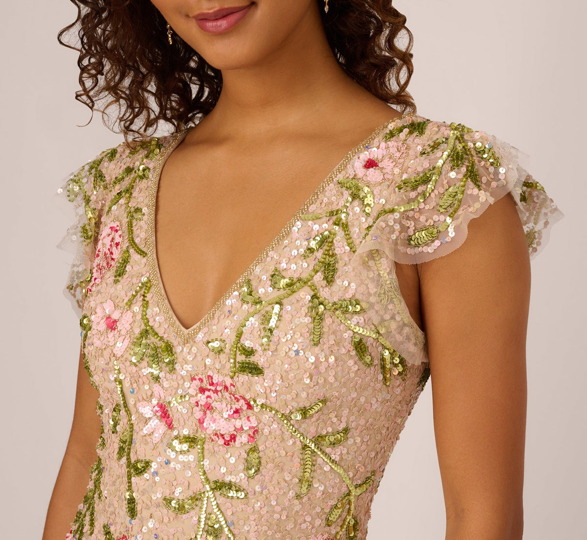 Floral Beaded Mermaid Gown With Flutter Cap Sleeves - Light Champagne | Adrianna Papell