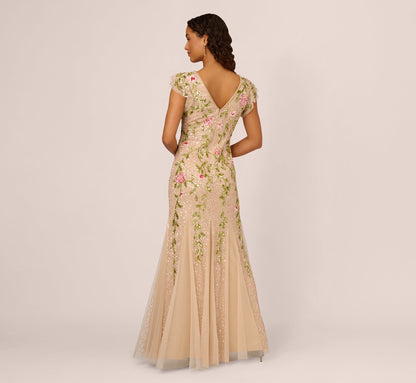 Floral Beaded Mermaid Gown With Flutter Cap Sleeves - Light Champagne | Adrianna Papell
