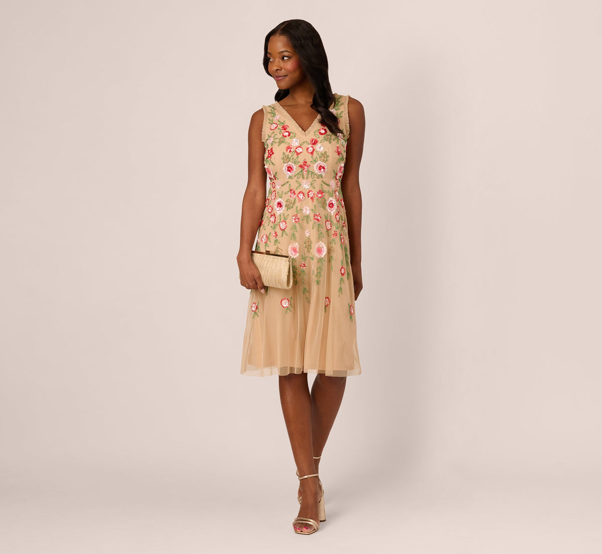 Sleeveless Fringe Trim Floral Bead Midi Dress - Nude Multi | Adrianna Papell