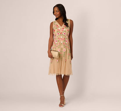 Sleeveless Fringe Trim Floral Bead Midi Dress - Nude Multi | Adrianna Papell