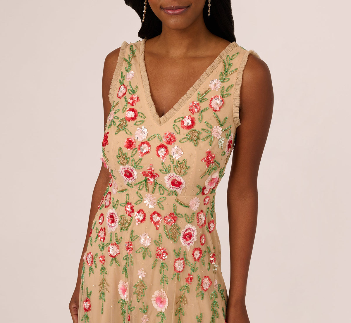 Sleeveless Fringe Trim Floral Bead Midi Dress - Nude Multi | Adrianna Papell