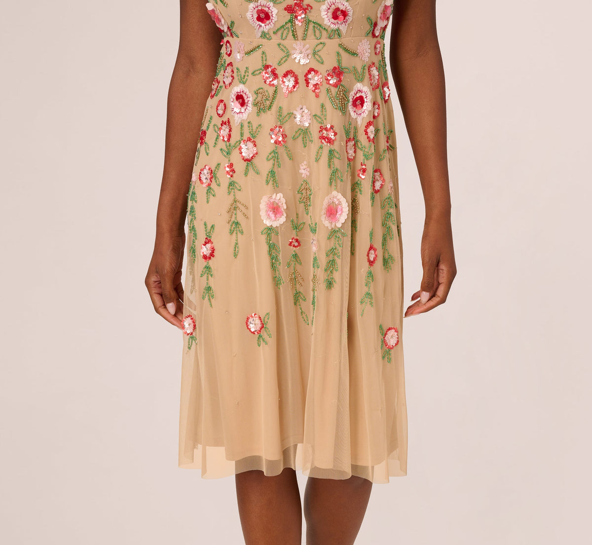 Sleeveless Fringe Trim Floral Bead Midi Dress - Nude Multi | Adrianna Papell