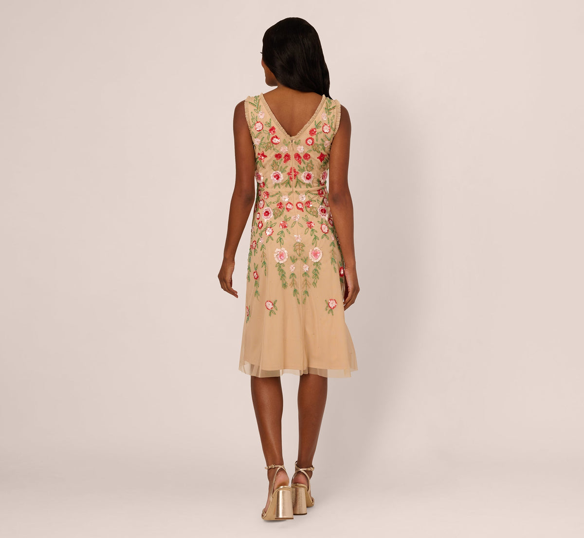 Sleeveless Fringe Trim Floral Bead Midi Dress - Nude Multi | Adrianna Papell
