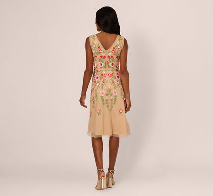 Sleeveless Fringe Trim Floral Bead Midi Dress - Nude Multi | Adrianna Papell