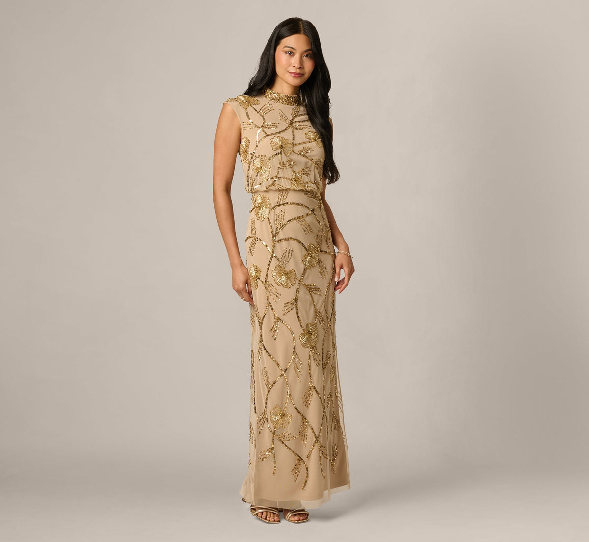 Deco Floral Beaded Sequin Collar Blouson Gown - Gold | Adrianna Papell