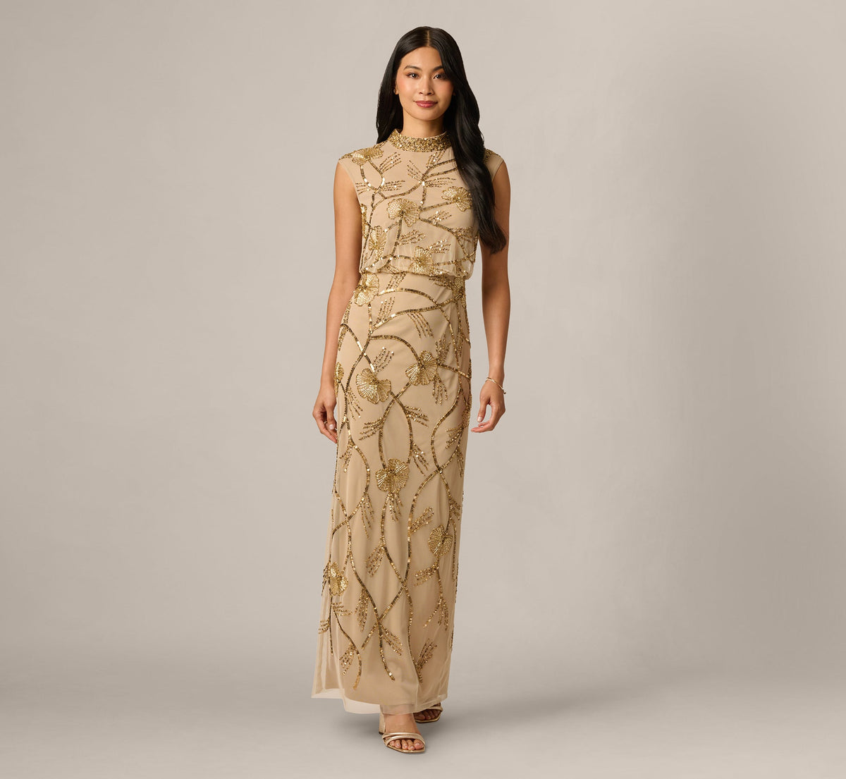 Deco Floral Beaded Sequin Collar Blouson Gown - Gold | Adrianna Papell