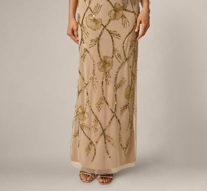 Deco Floral Beaded Sequin Collar Blouson Gown - Gold | Adrianna Papell