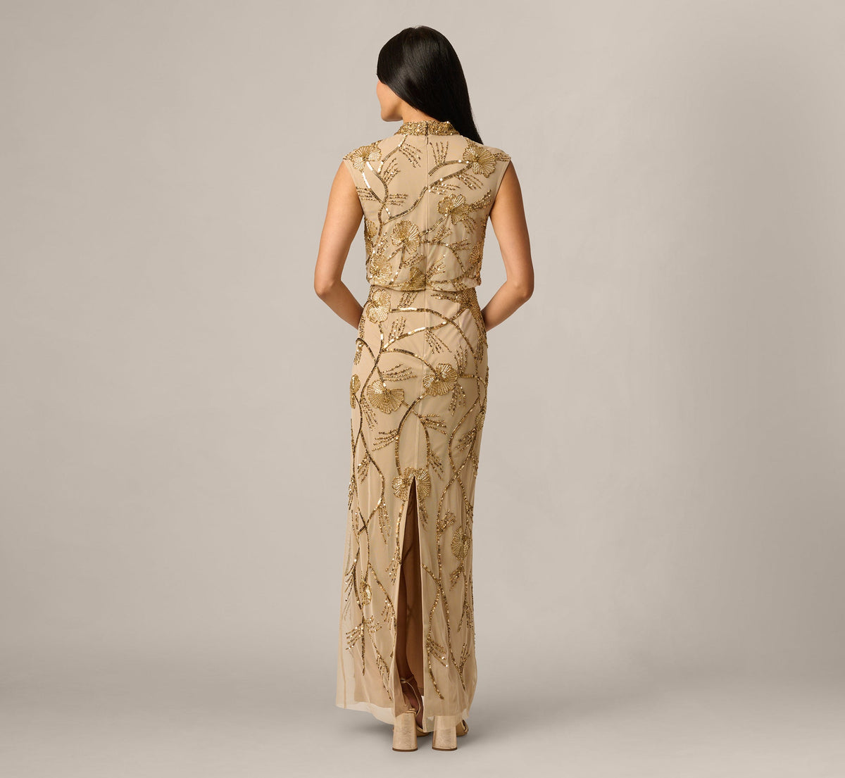 Deco Floral Beaded Sequin Collar Blouson Gown - Gold | Adrianna Papell