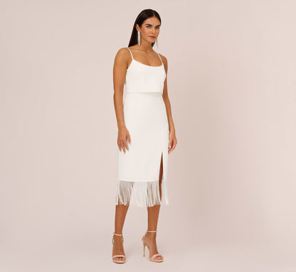 Crepe Popover Midi Dress With Fringe Trim - Ivory | Adrianna Papell