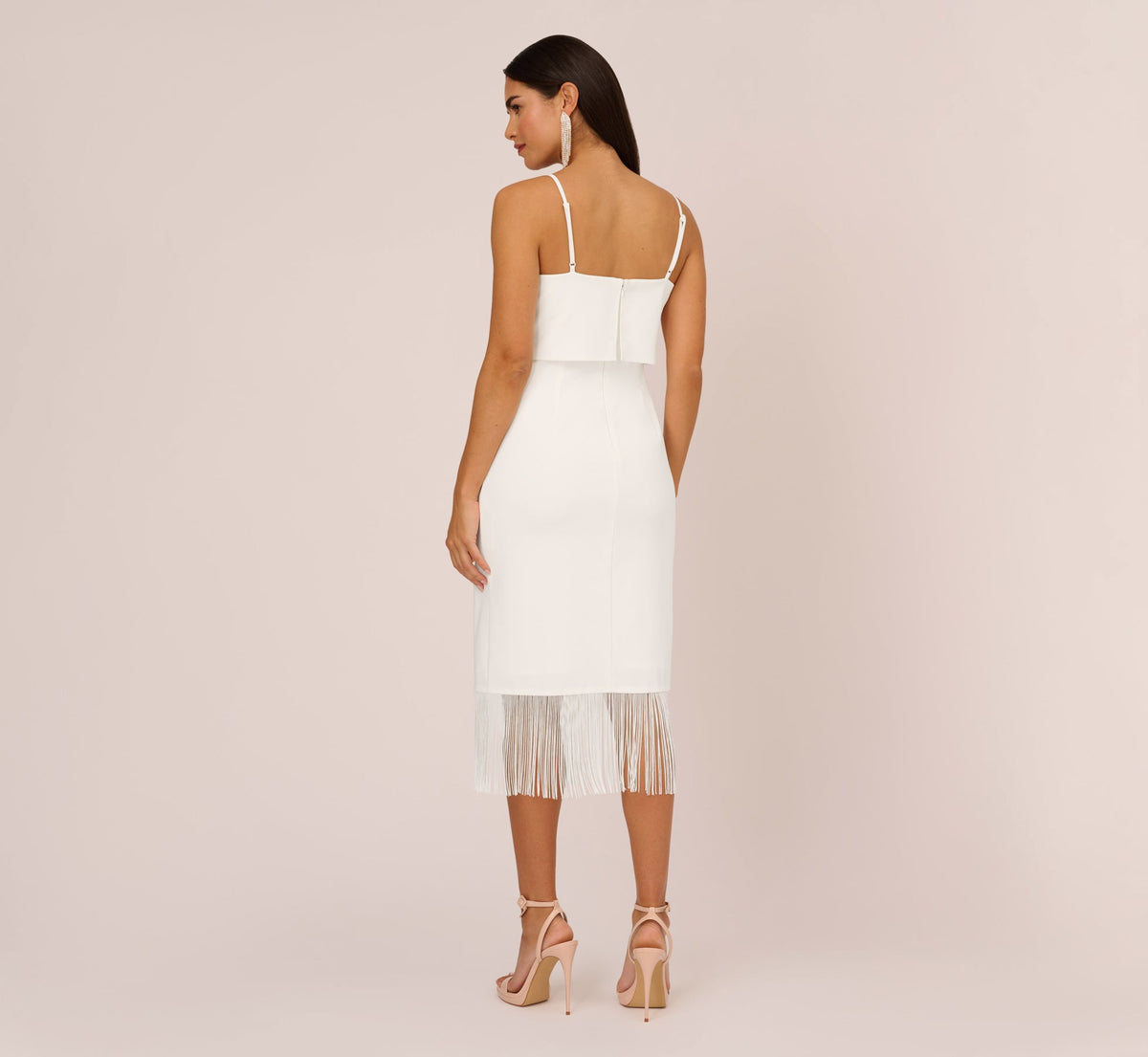 Crepe Popover Midi Dress With Fringe Trim - Ivory | Adrianna Papell
