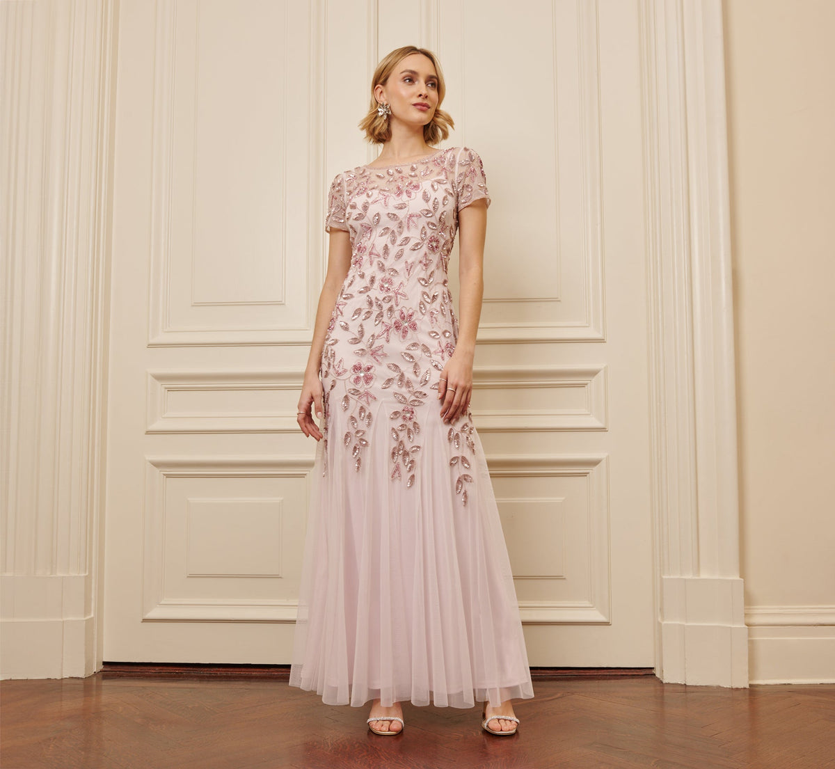 Hand Beaded Short Sleeve Floral Godet Gown - Blush Pink | Adrianna Papell