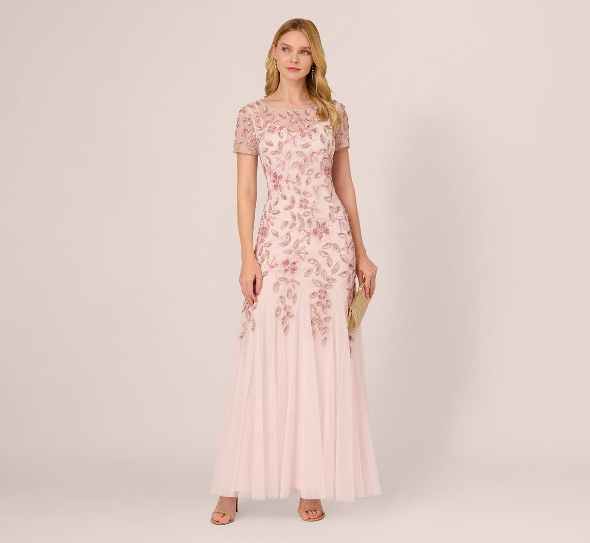 Hand Beaded Short Sleeve Floral Godet Gown - Blush Pink | Adrianna Papell