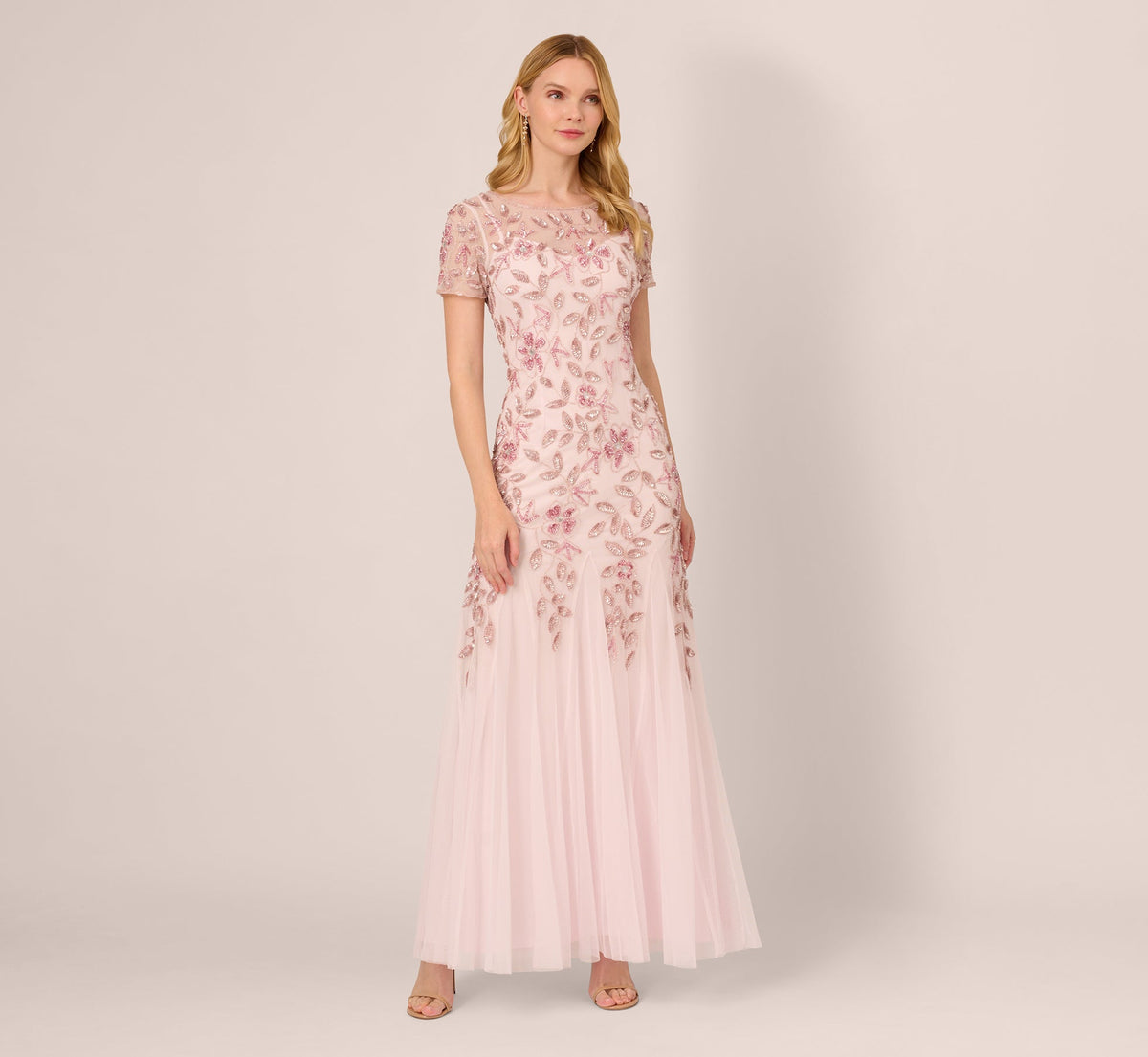 Hand Beaded Short Sleeve Floral Godet Gown - Blush Pink | Adrianna Papell