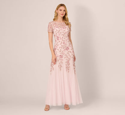 Hand Beaded Short Sleeve Floral Godet Gown - Blush Pink | Adrianna Papell