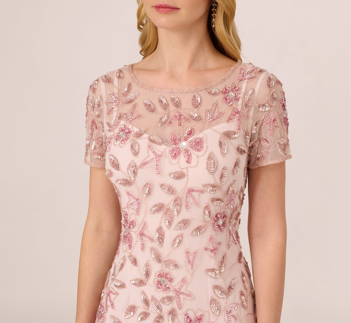 Hand Beaded Short Sleeve Floral Godet Gown - Blush Pink | Adrianna Papell