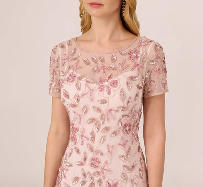 Hand Beaded Short Sleeve Floral Godet Gown - Blush Pink | Adrianna Papell