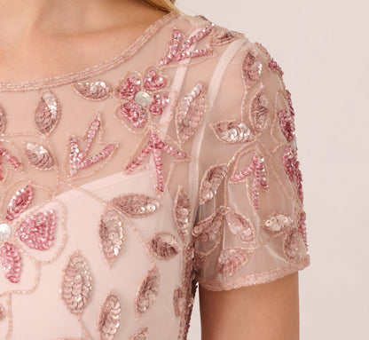 Hand Beaded Short Sleeve Floral Godet Gown - Blush Pink | Adrianna Papell